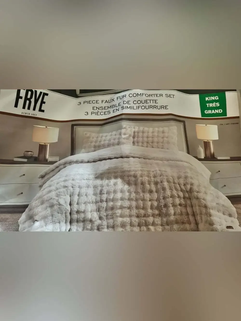 Frye comforter set KING Plush Faux Fur Comforter Set cream Pom Pom look RARE
